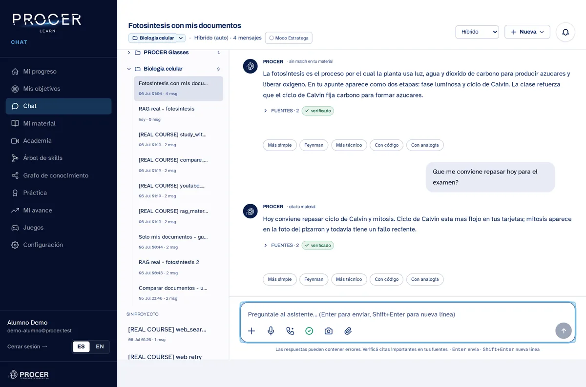 Chat de PROCER Learn respondiendo con el material del estudiante y la cita a la fuente.