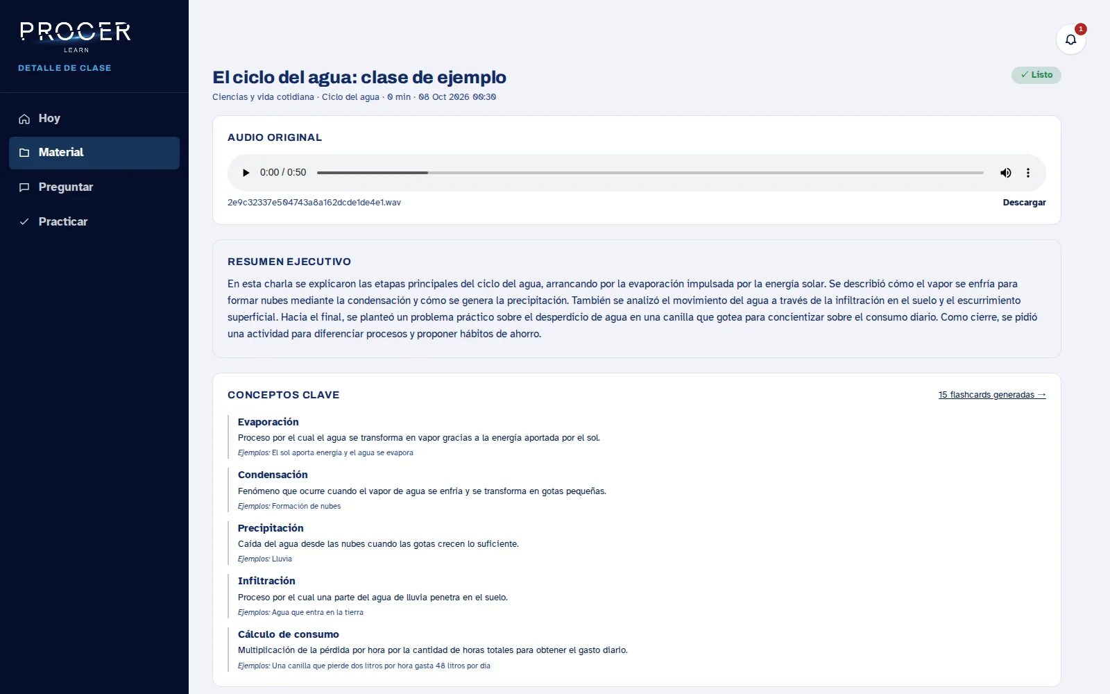 Captura de Learn: Esperá la transcripción