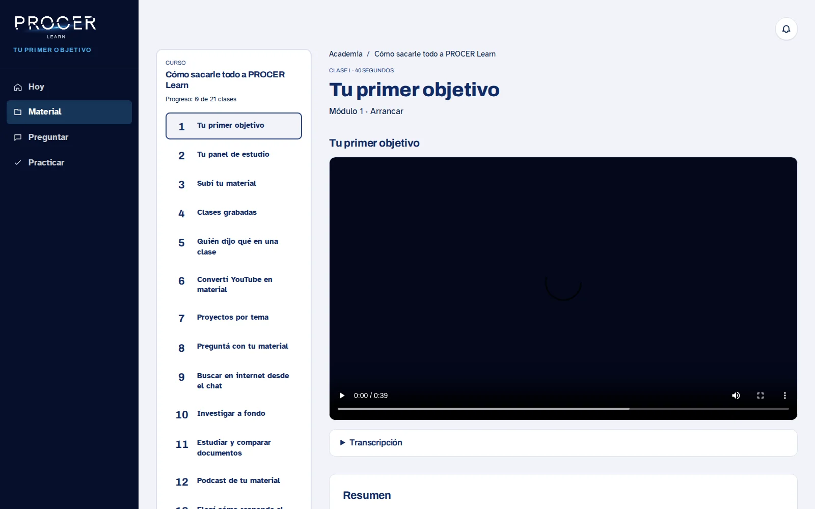 Captura de Learn: Seguí una lección