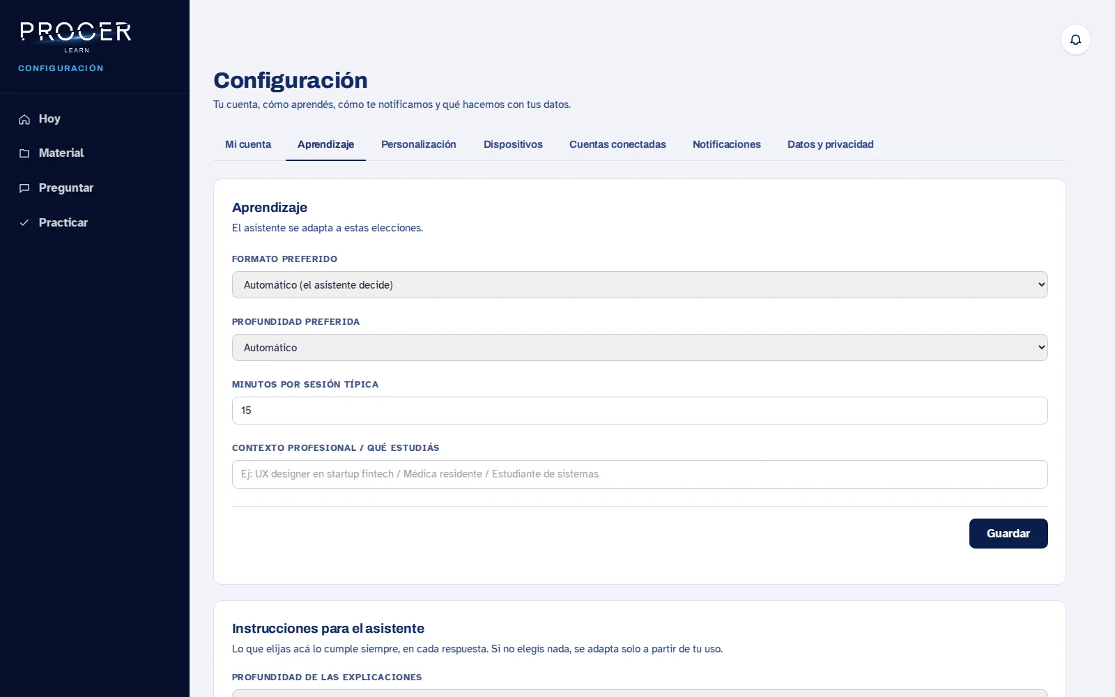 Captura de Learn: Revisá privacidad y vínculo