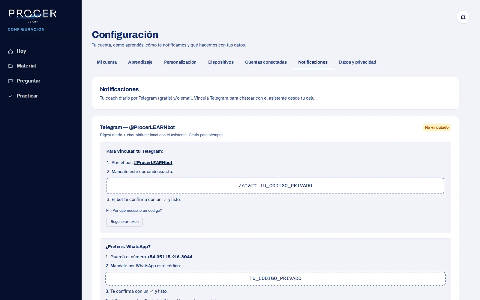 Captura de Learn: Vinculá Telegram