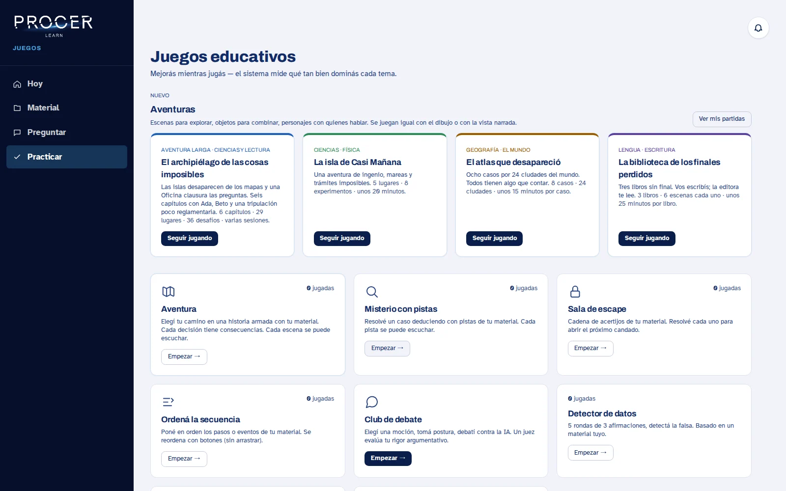 Captura de Learn: Juegos cortos para practicar